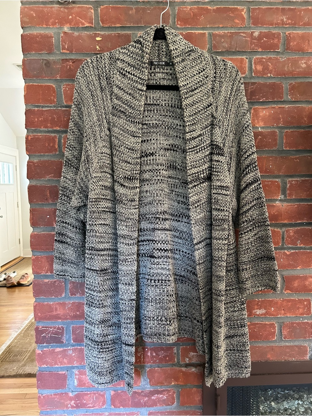 NIC+ZOE Cotton & Wool Marled Open-Front Shawl Collar Cardigan - Gray/Black